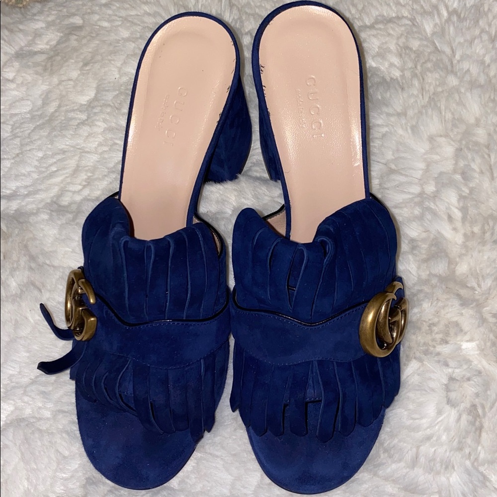 Gucci Women's GG Navy Fringe Sandals - Picture 10 of 11